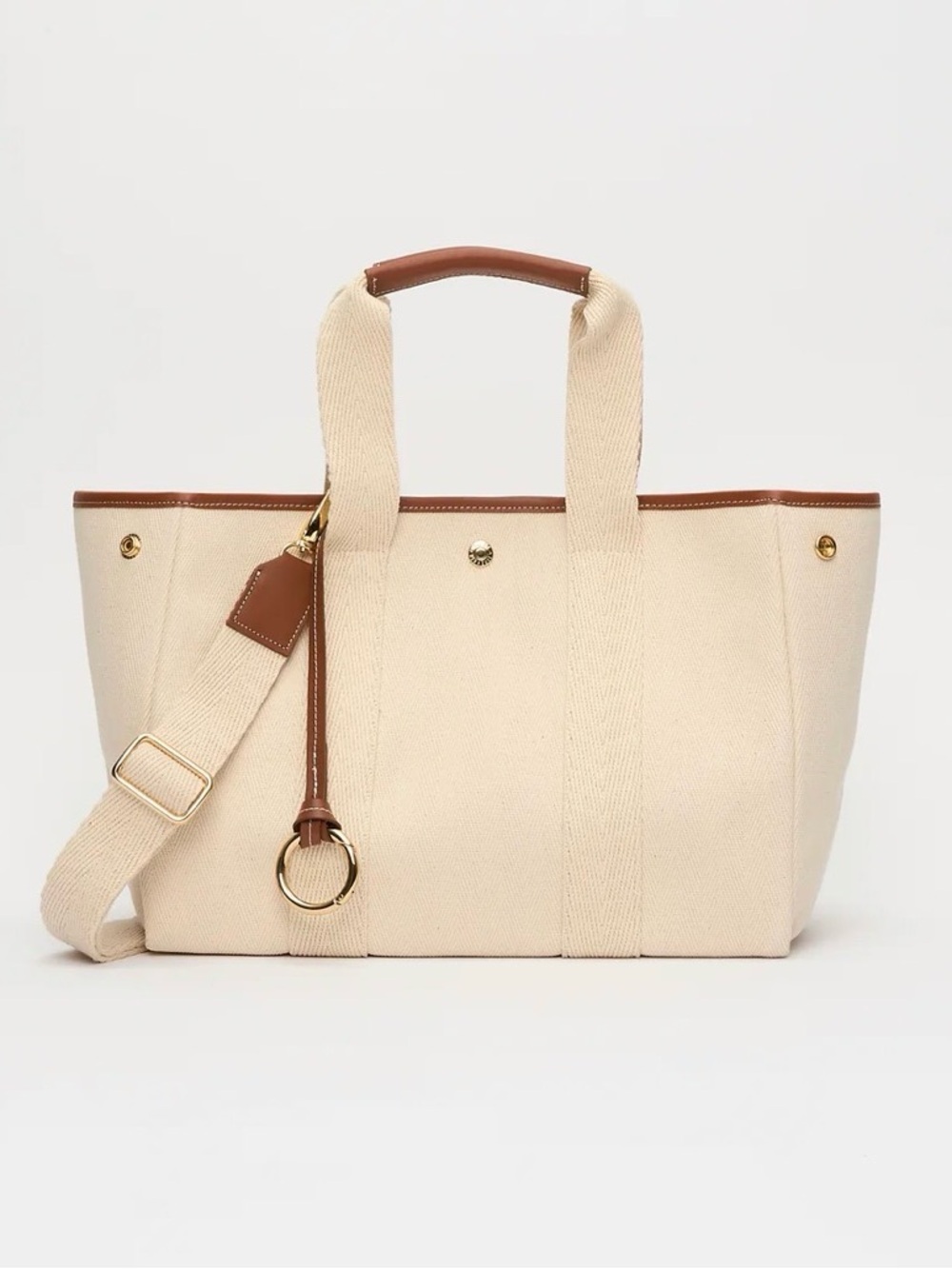 Cream Canvas Tote with Brown Trim and Gold Ring Accent